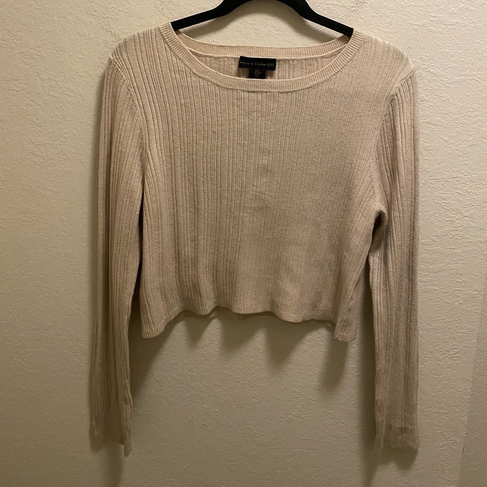 House of Harlow 1960 Beige Ribbed Cropped Long Sleeve Sweater Size L